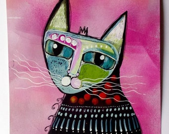 Stilisierte Katzen-Illustration: Spirituelle Katze - Original Naive Kunst