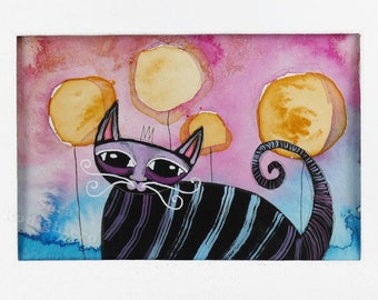 Funny Cat art, original illustration,  Nursery art kitty / Cat gift
