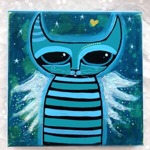 Guardian angel cat / original painting on canvas / Blue wall art image 1