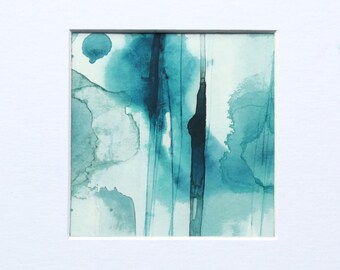 Blaue Malerei im Passepartout, Original abstraktes Aquarell