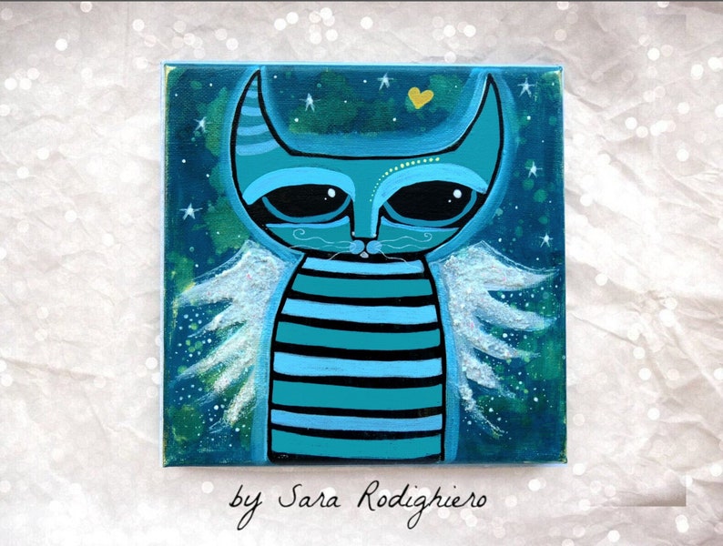 Guardian angel cat / original painting on canvas / Blue wall art image 1