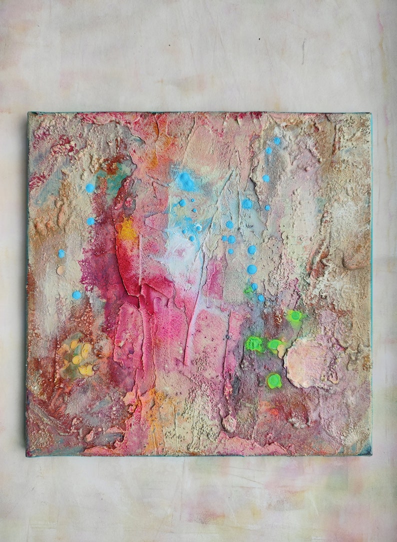 Abstract rust painting on stretched canvas, 11.8 x 11.8 inches image 1