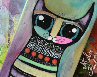 Colorful cat painting, original folk art, sassy cat lovers gift