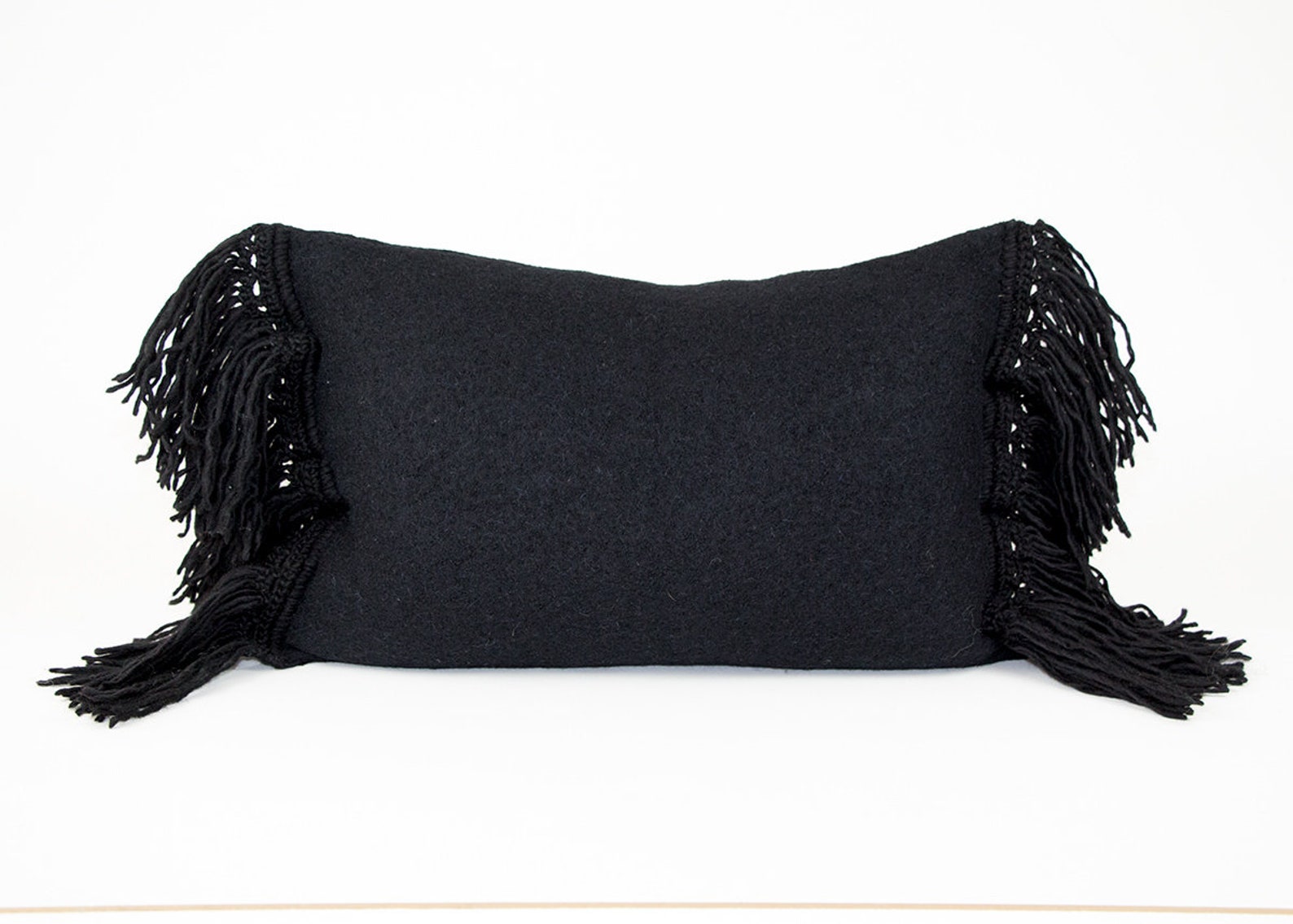 Black Lumbar Pillow in Eco Friendly Wool With Fringe 24 Etsy