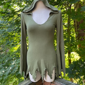 Bamboo Witch Fairy Dress With Spider Web Bell Sleeves and Hood.