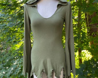 Bamboo Witch Fairy Dress With Spider Web Bell Sleeves and Hood.