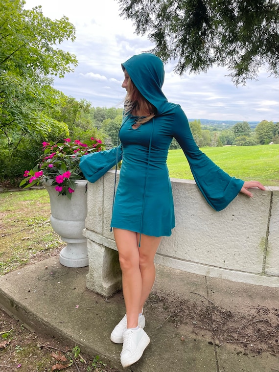Bamboo Dress with Bell Sleeves and Hood. Fire Safe