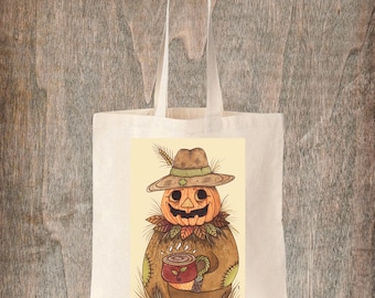 Pumpkin Joe Tote Bag - Whimsical Pumpkin Patch People Bag - Cosy Halloween Autumn Leaves Pumpkin Spice Grocery Shopping Bag