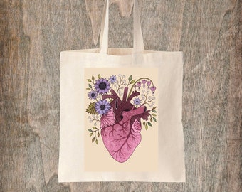 Herz Bloom Einkaufstasche - Frühling Sommer Floral Anatomisches Herz Fair Trade Baumwolltasche - Gruselige Hexe Botanische Cottagecore Einkaufstasche