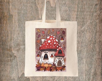 Toadstool Cottage Tote Bag - Whimsical Mushroom House Natural Cotton Tote - Cosy Autumn Leaves Pumpkin Patch Fairycore Bag