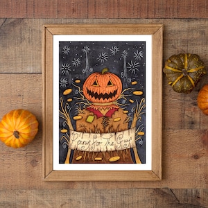 Penny For The Pumpkin Guy Print - A5 - A4 - A5  Bonfire Night Guy Fawkes Illustration Print - Jack O Lantern Thanksgiving Halloween Decor