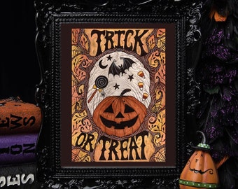 Trick Or Treat Print - Halloween Candy A5 - A4 - A3 Watercolour Art - Gothic Spooky Orange Black Halloween Pumpkin Jack-O-Lantern Decor