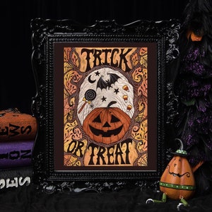 Trick Or Treat Print - Halloween Candy A5 - A4 - A3 Watercolour Art - Gothic Spooky Orange Black Halloween Pumpkin Jack-O-Lantern Decor