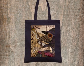 Plague Doctor Bag - Black Pagan Steampunk Fantasy Cotton Tote - Memento Mori Gothic - Medieval Plague Doctor Gothic Dungeon Tote Bag
