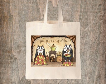 Cosy Tea Badgers Cotton Canvas Tote - Cosy Love Badger Couple Bag - Cute Animal Valentines Gift - Whimsical Badger Tote Bag