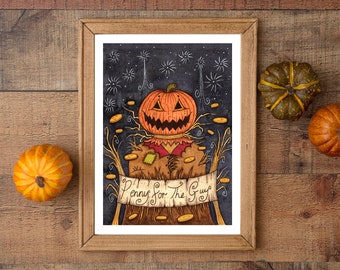 Penny For The Pumpkin Guy Print - A5 - A4 - A5  Bonfire Night Guy Fawkes Illustration Print - Jack O Lantern Thanksgiving Halloween Decor