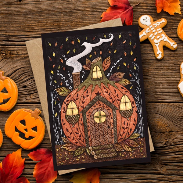 Pumpkin House Card & Envelope - Whimsical Pumpkin Fairy Pixie Cottage Card - Black Orange Autumn Leaves Halloween Trick Or Treat Card