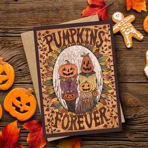 Carte de voeux citrouilles pour toujours et enveloppe - carte illustrée fantaisiste de famille de citrouilles - carte des bonbons ou un sort d'Halloween orange