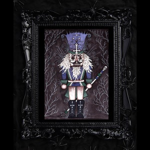May include: A dark, gothic-style nutcracker doll with a purple and blue hat, a green and white uniform, and a skull-topped staff. The doll is standing in front of a dark background with white branches.