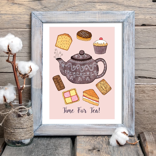 Time For Tea! Print - A5 - A4 - A3 Vintage Teapot & Cakes Illustration Print - Afternoon High Tea Baking Kitchen Wall Art - Mothers Day Gift