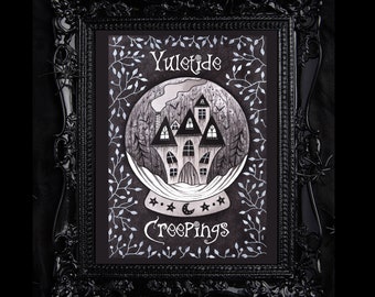 Yuletide Creepings Print - A5 - A4 - A3 Gothic Winter Snow Globe Decor - Spooky Yule Decoration - Alternative Pagan Yule Christmas Art