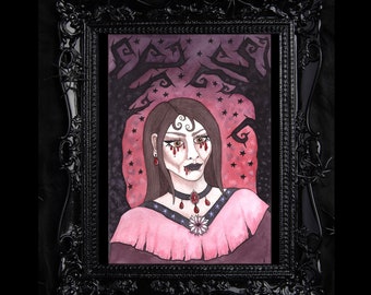 The Huntress Illustration Print - Watercolour Gothic Victorian Vampire Portrait A5 - A4 - A3 Wall Art - Purple Red Night Sky Decoration