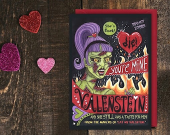 Valenstein Greetings Card & Envelope - Spooky B-Movie Zombie Inspired Valentines day Card - Punk Horror Rockabilly Psychobilly Pin Up Card