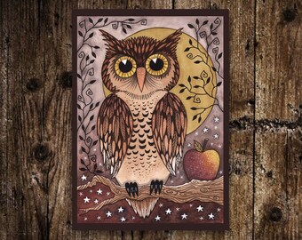 Mini A6 Wise Old Owl Print - Small Whimsical Vintage Style Halloween owl Illustration - Brown Halloween Owl And Moon Book Nook Wall Art
