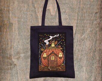 Pumpkin House Bag - Whimsical Pumpkin Cottage Black Cotton Tote - Witchy All Hallows Eve Bag - Spooky Pumpkin Patch Trick Or Treat Bag