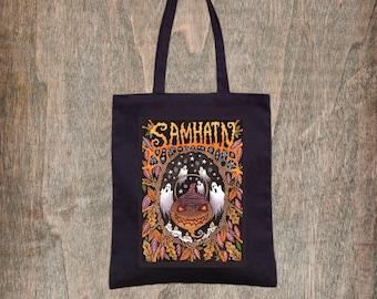 Samhain Tote Bag - Spooky Black Halloween Turnip Jack-O-Lantern Bag - Trick Or Treat All Hallows' Eve Grocery Shopping Bag