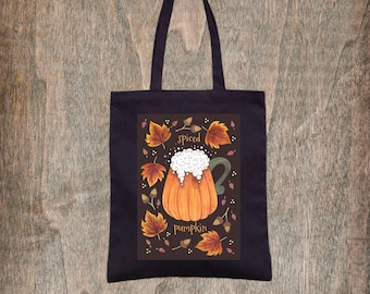 Spiced Pumpkin Black Tote Bag - Whimsical Pumpkin Spice Latte Cotton Tote Bag - Halloween Fair Trade Autumn Falling Leaves Shopping Tote Bag