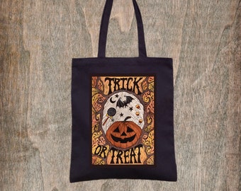 Trick Or Treat Bag - Halloween Pumpkin Black Cotton Tote - Gothic Samhain All Hallows Eve  Bag - Spooky Halloween Candy Trick Or Treat Bag