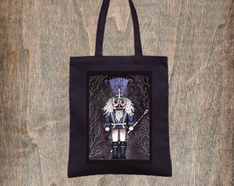 The Possessed Nutcracker Black Tote Bag - Creepy Toy Soldier Cotton Bag - Spooky Yuletide Christmas Eve Box - Winter Pagan Goth Gift Bag