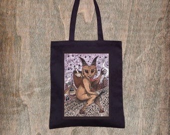 Baby Krampus Black Tote Bag - Spooky Creepy Krampus Night Yuletide Cotton Bag - Dark Winter Folk Tale Pagan Gothic Christmas Gift Bag