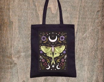 Luna Moth Black Tote Bag - Floral Botanical Moon Moth Fair Trade Cotton Bag - Gothic Cottagecore Bag - Green Witch Celestial Shopping Tote