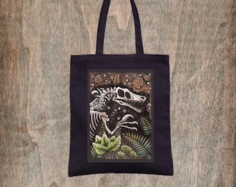 Fossilised Fear Black Tote Bag - Fair Trade Velociraptor Fossil Bones Cotton Bag - Ammonite Trilobite Paleontologist Dino Shopping Tote Bag