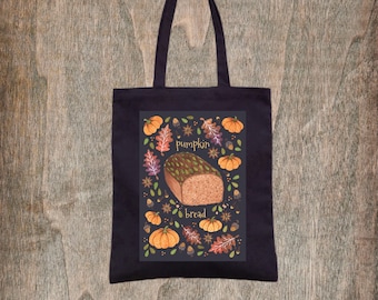 Pumpkin Bread Black Tote Bag - Cosy Baking Pumpkin Spice Autumn Leaves Bag - Trick Or Treat All Hallows' Eve Grocery Shopping Bag