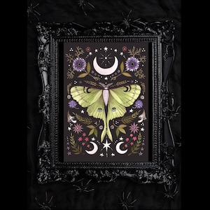 Luna Motte Druck - Floral Botanische Mond Motte Frühling Sommer A5 - A4 - A3 Aquarell Celestial Art - Gothic Grün Hexe Cottagecore Décor