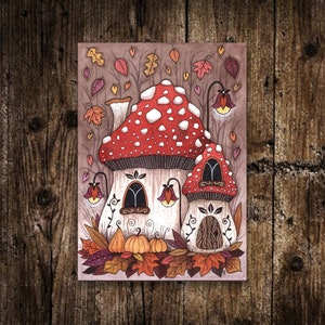 Mini impression cottage champignon vénéneux - petite illustration fantaisiste de maison de lutin de fée champignon A6 - impression cottagecore confortable citrouille d'automne d'Halloween