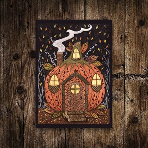 Mini impression de maison de citrouille - petite illustration de maison de lutin de fée citrouille fantaisiste A6 - impression de carte postale Mini citrouille d'automne d'Halloween