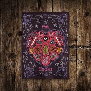 Mini impression A6 chocolat noir - Illustration de boîte de chocolats effrayants pour la Saint-Valentin - Carte postale aquarelle gothique violet rouge chocolats d'Halloween