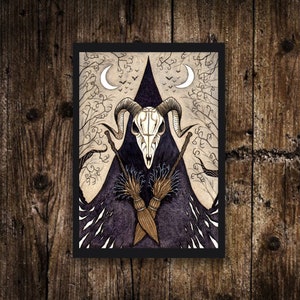 Mini impression A6 tête de mort sorcière - petite illustration de chèvre sorcière - Mini impression carte postale gothique - aquarelle fantasmagorique de balai de sorcière lune chauves-souris