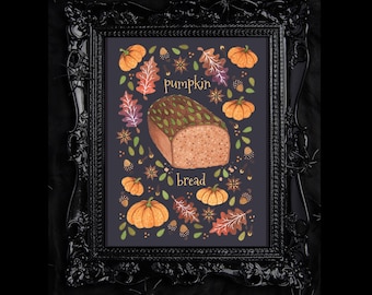 Pumpkin Bread Print - A5 - A4 - A3 Whimsical Pumpkin Spice Illustration Print - Autumn Leaves Acorn Fall Spices Baking Halloween Decor