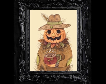 Pumpkin Joe Print - Whimsical Pumpkin Patch People A5 - A4 - A3 Watercolour Wall Art - Halloween Autumn Fall Rustic Pumpkin People Decor