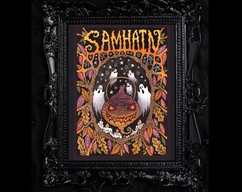Samhain Print - Pagan Halloween All Hallows' Eve Turnip Jack-O-Lantern A5 - A4 - A3 Spooky Ghosts Autumn Leaves Wall Art Decoration