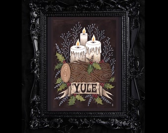 Yule Candles Print - Winter Yuletide Candles, Holly & Yule Log A5 - A4 - A3 Seasonal Christmas Wall Art Altar Decoration