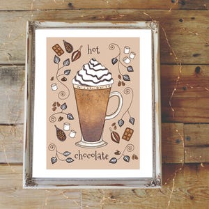 Hot Chocolate Print - A5 - A4 - A3 Whimsical Cocoa & Marshmallow Coffee Illustration Print - Autumn Winter Christmas Drink Decor Wall Art