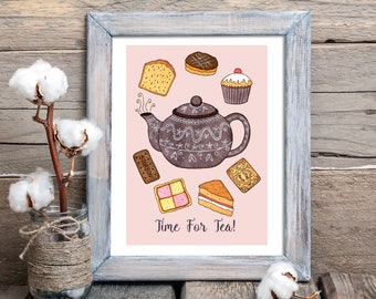 ¡Hora del té! Impresión - A5 - A4 - A3 Vintage tetera & pasteles impresión de ilustración - por la tarde alto té hornear cocina pared arte - regalo del día de las madres