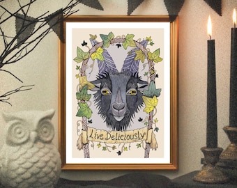 Impresión de Black Phillip - Ilustración de cabra negra en acuarela (tamaño A5, A4 y A3) - Decoración gótica de bruja de Halloween - Vive deliciosamente con Wicca pagana