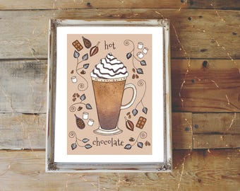 Hot Chocolate Print - A5 - A4 - A3 Whimsical Cocoa & Marshmallow Coffee Illustration Print - Autumn Winter Christmas Drink Decor Wall Art